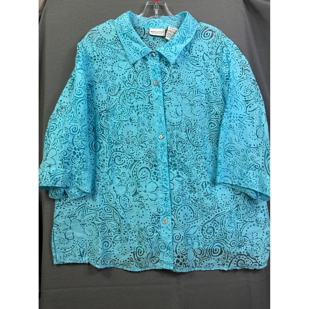 White Stag Women's Plus 18W/20W Swimmer Blue Burnout Paisley Button Front Blouse